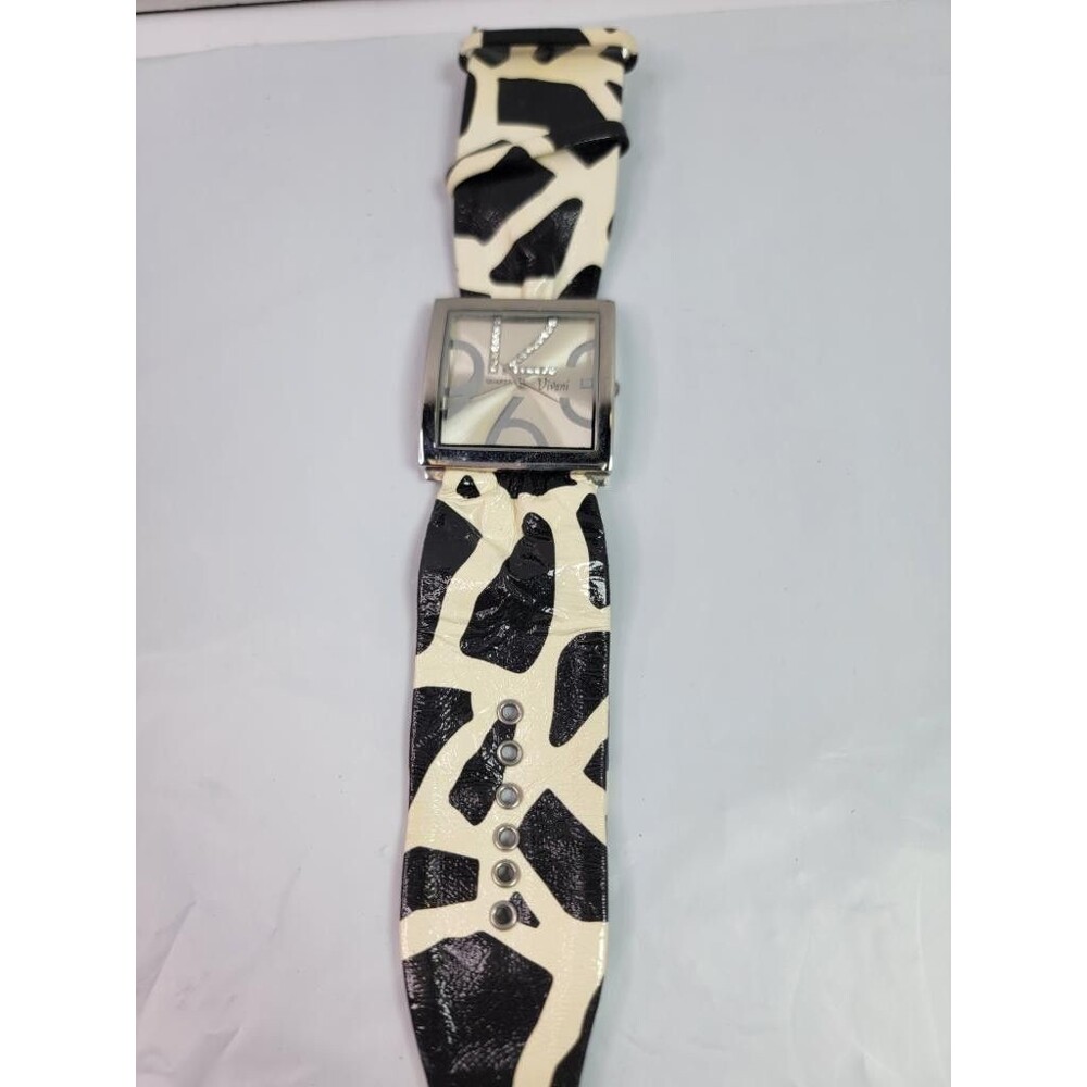 Vivani K1181 Quartz Watch Silver Tone Square Case Animal Print Wide Band